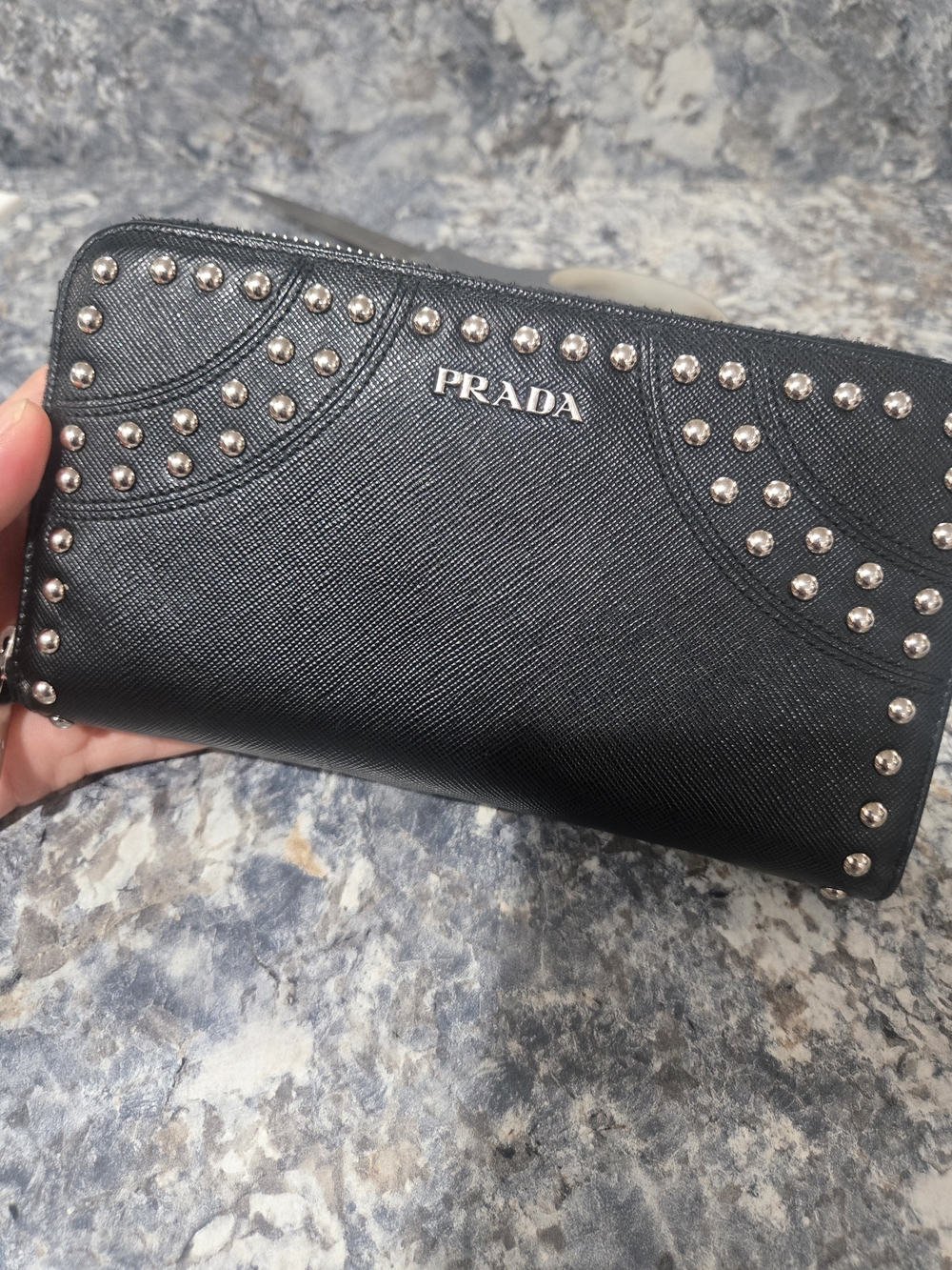 Prada Saffiano Leather Studded Zip Long Wallet